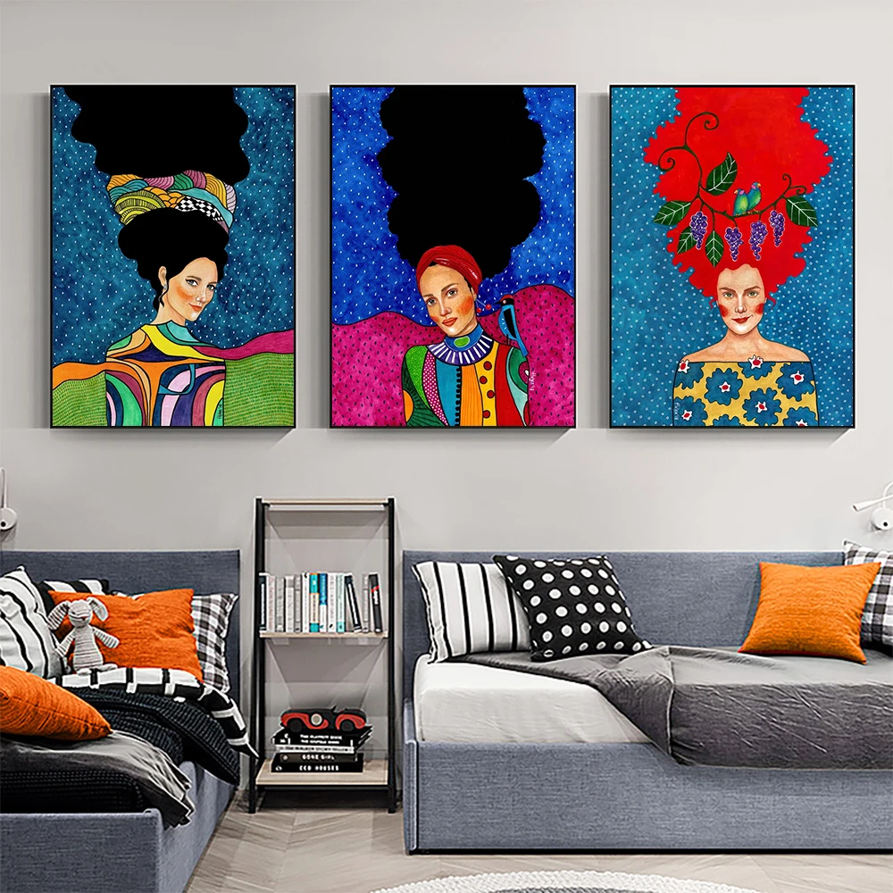 1 pieza de cuadro sin marco, estilo vintage, abstracto, con imagen de chica de pelo largo y flores, arte de pared en lienzo, póster de moda, cuadros para la sala de estar
