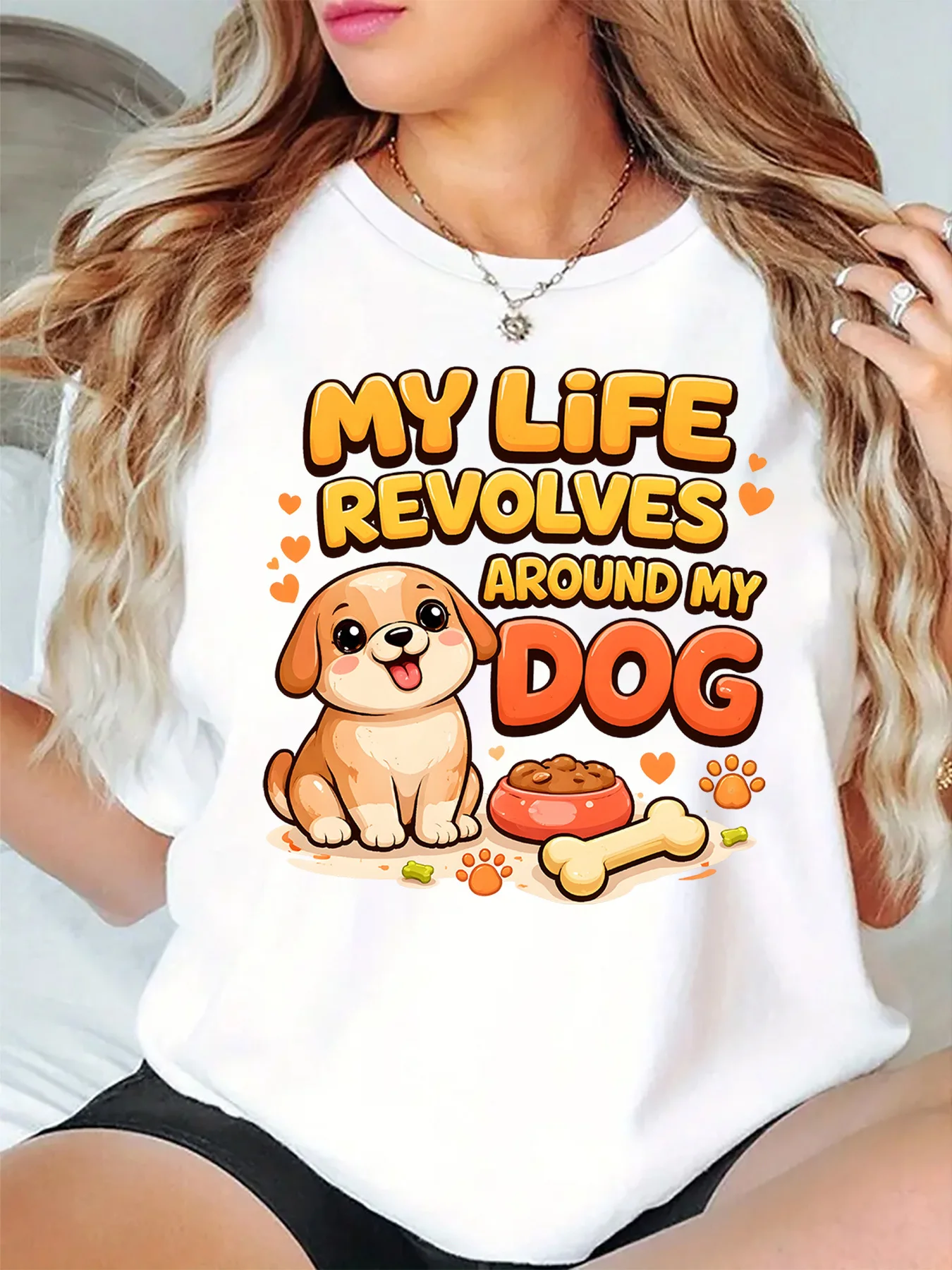 Cute Puppy My Life Revolves Around My Dog Graphic Womens T Shirt Short Sleeve Crew Neck Pet Lover Casual Daily Ladies Tee Tops