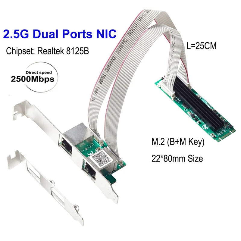 M.2 to Dual Port 2.5G Ethernet NIC Network Card M.2 22x80mm Size B Key and M Key 2500 Mbps RTL8125B Chipset-A82Z