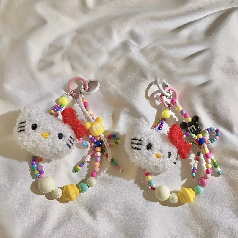 

Kawaii Sanrio Hello Kitty Colorful Beaded Keychain Cartoon Plush Kt Phone Strap Wrist Strap Backpack Pendant Decoration Gift