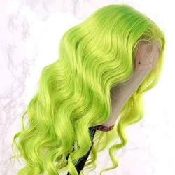 FANXITION Fluorescent Green Long Body Wave Lace Front Wig Lime Green Wavy Synthetic Wigs Synthetic Half Hand Tied Heat Fiber Hai