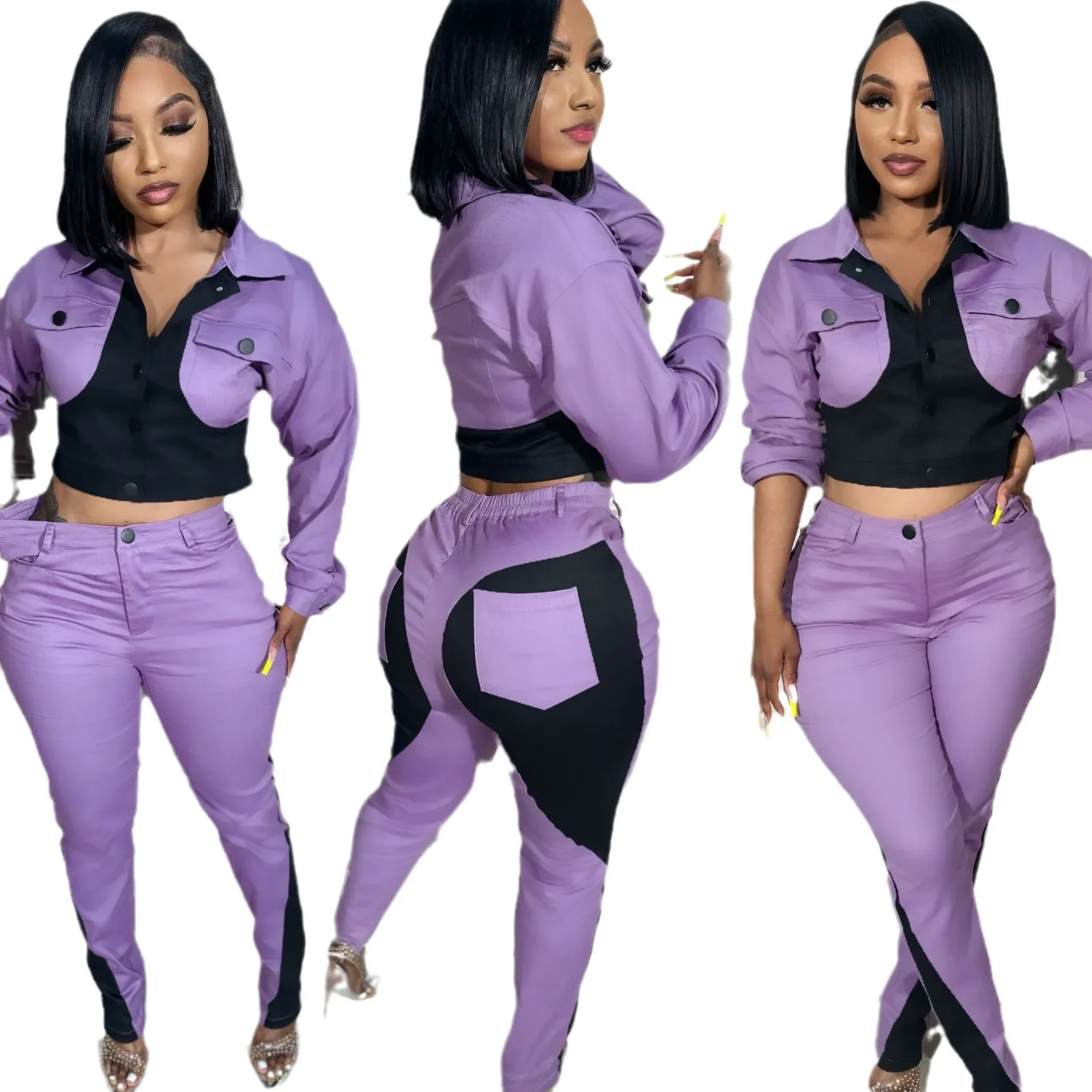 BWQ Jesień i Zima Nowa Kolekcja Damska Odzież Casualowa Sportowa Zestaw Dwuczęściowy: Bluzka z Długim Rękawem i Spodnie w Kontrastowych Kolorach