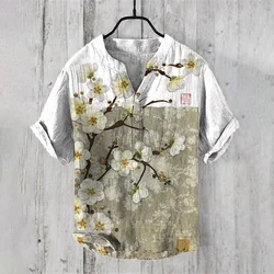 Short-sleeved shirt men's summer cotton and linen 2024 new loose fashion temperament linen ethnic style literary 3D printed top