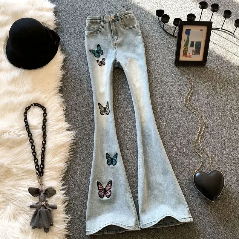 Light Color Flare Pants Summer Y2k High Waist Trousers Denim Butterfly Embroidery Ankle-Length Pant Bodycon Jeans Women Chic