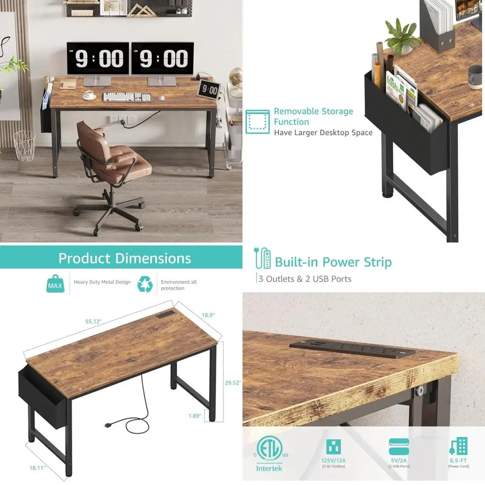 

Brown 55 55-inch Home Office Computer Desk with Built-in Power Outlets and Charging Station