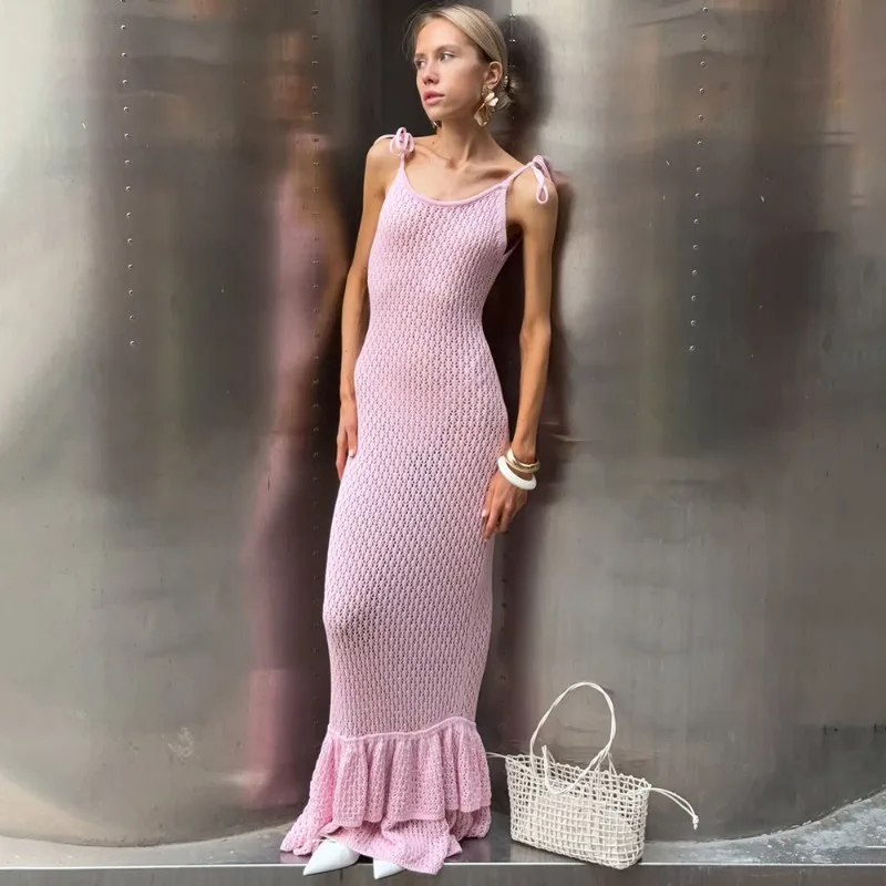 

Talenza Elegant Backless Hollow Out Knit Long Dresses Summer New Layered Ruffles Bodycon Maxi Dress Summer Vocation Beach Robes