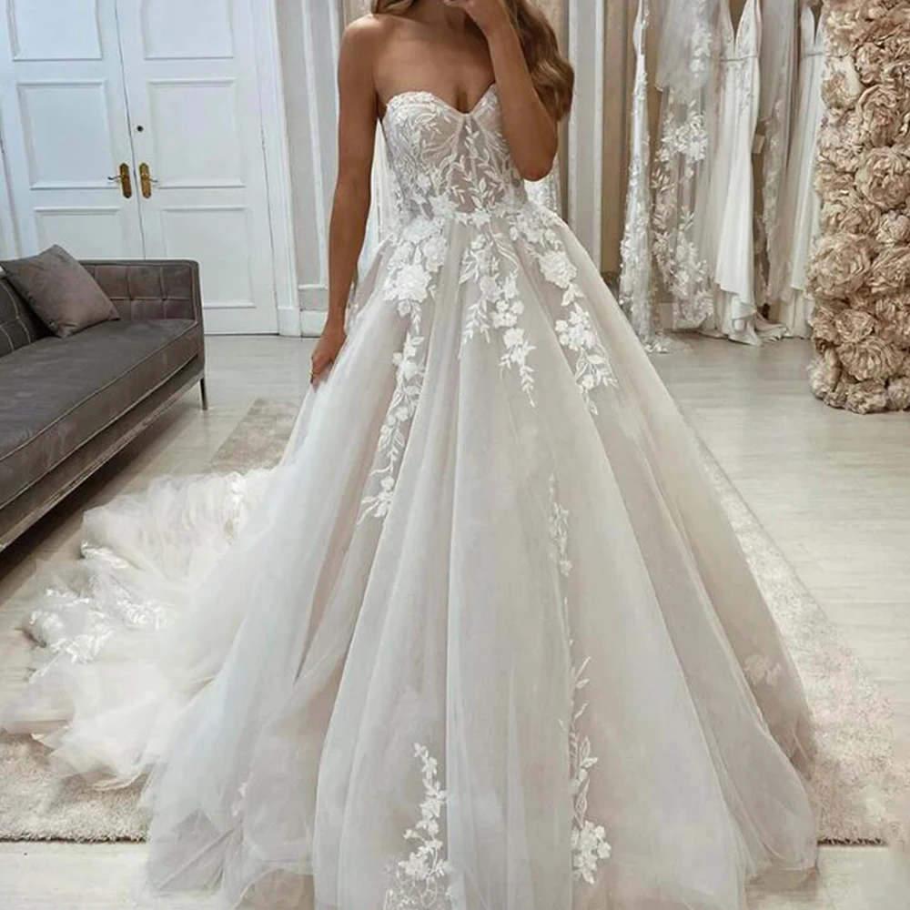 

Modern A Line Wedding Dress For Bride Sweetheart Appliques Bridal Gowns Customized Lace-Up Back Design Women Formal Party Cloth