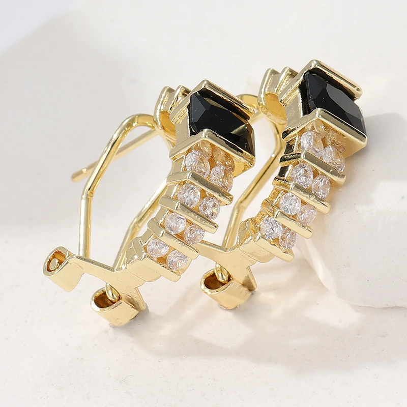 Ethnische Goldfarben Damen-Ohrringe Vintage-Design Metall mit Eingelegtem Schwarz-Weißem Zirkon Creolen für Frauen – Detail 1