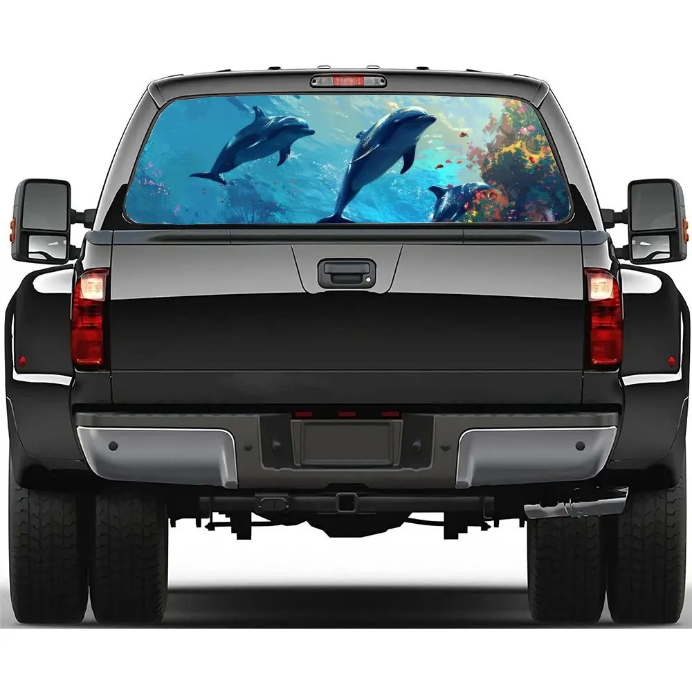 Dolphins Swimming Underwater Car Rear Windshield Sticker Truck Window See Through Perforated Back Window Vinyl Decal Decoration