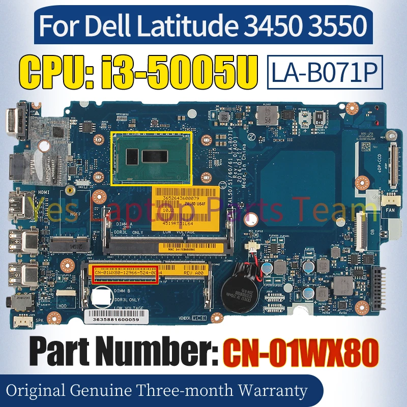 LA-B071P For Dell Latitude 3450 3550 Laptop Mainboard CN-01WX80 i3-5005U Notebook Motherboard 100％ Tested