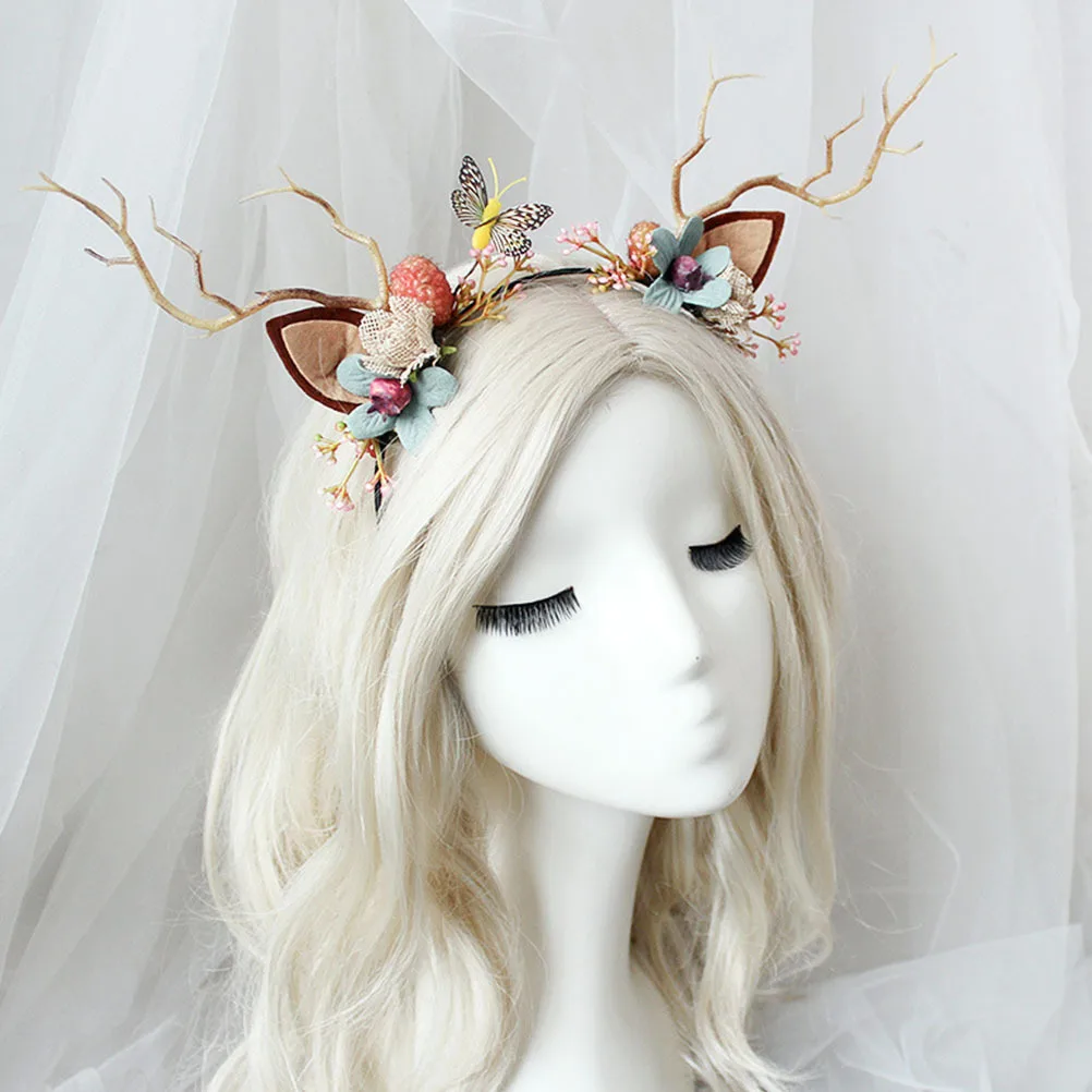 

Reindeer Antlers Headband with Light Creative Christmas Party Hair Hoop Berry Flower Decor Glow Festival Hair Accessories
