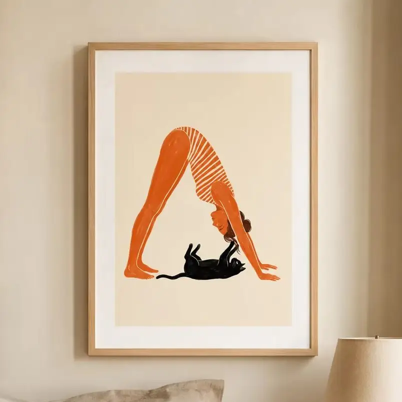 Póster de yoga con gato, impresión en lienzo para pared, ilustración de arte moderno, obra de arte decorativa de alta calidad para dormitorio, sala de estar, oficina