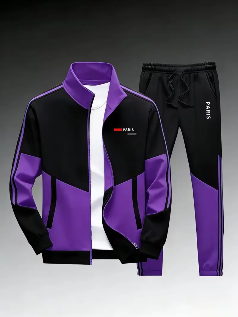 Modern Male Printed Sportswear Set Full Zipper Outerwear Elastic Drawstring Pant Assorted Color Picks Daily Leisure Gym Jogging