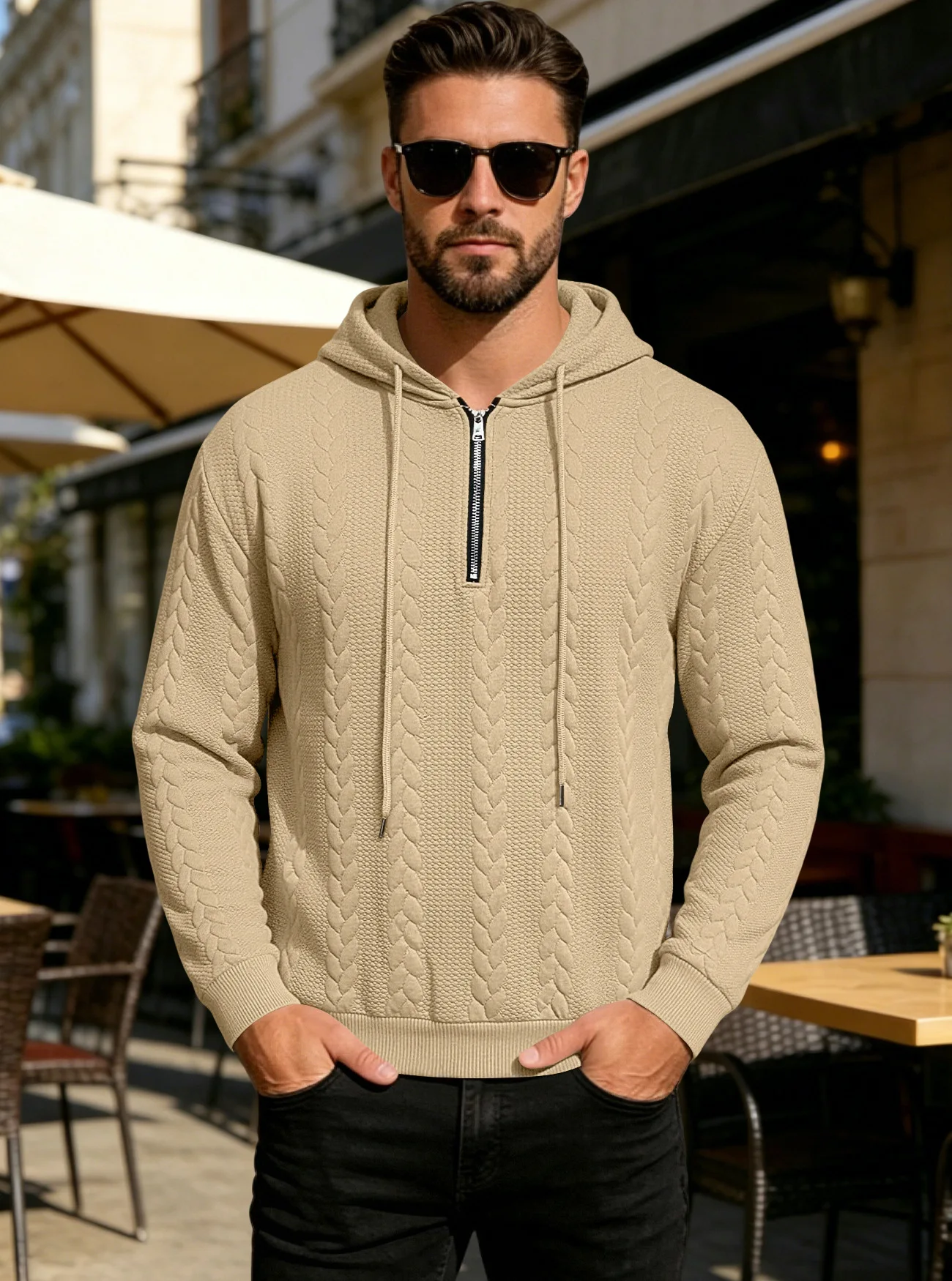 New spring and summer men's breathable and comfortable jacquard knitted half-zip hooded casual loose-fit large-sized sweatshirt