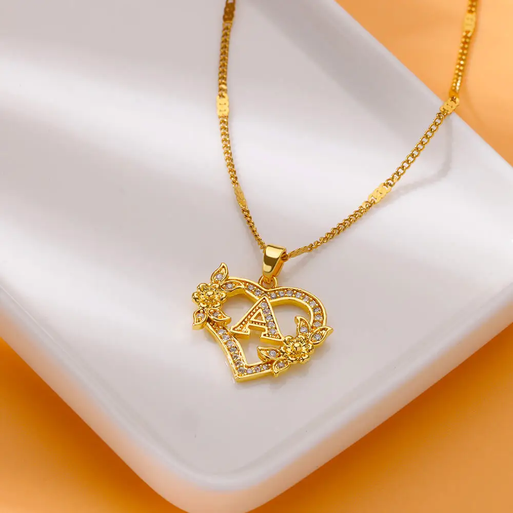 Zircon Flower Initials Necklaces For Women Stainless Steel Heart Gold Color Letter Chain Collar 2024 New Trend Wedding Jewelry