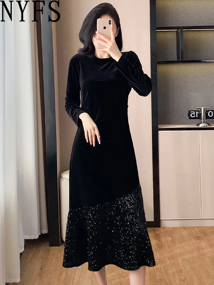 فستان نسائي مخملي للخريف والشتاء من NYFS فضفاض مقاس كبير وأكمام طويلة فستان طويل رداء Elbise #3