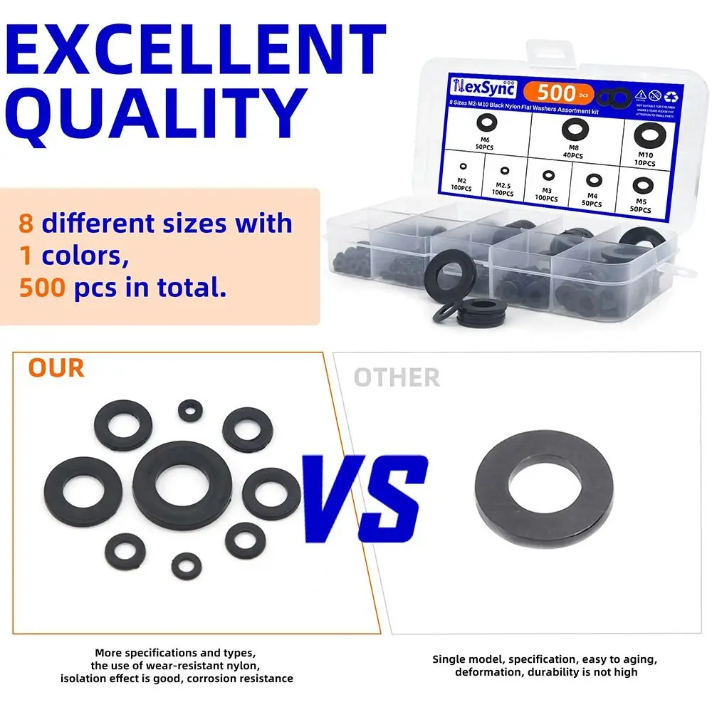 500Pcs Durable Seals O Ring Assortment Kit Nylon Washer Flat M2-M10 Plane Spacer 8 Sizes Black White Insulation Gasket Ring