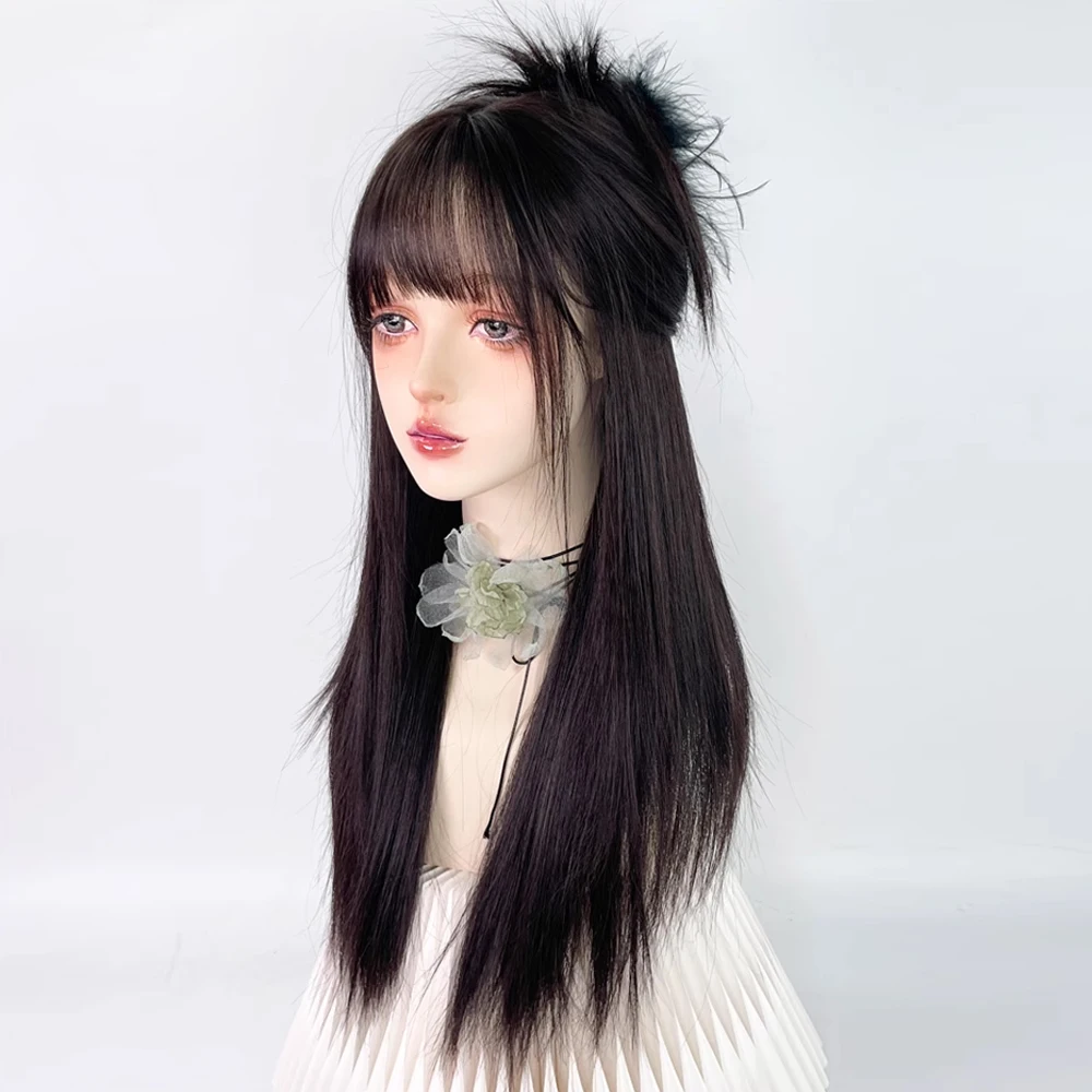 VICWIG Black Long Straight Synthetic Women Wigs with Bangs Lolita Cosplay Nature Fluffy Hair Wig for Daily Party