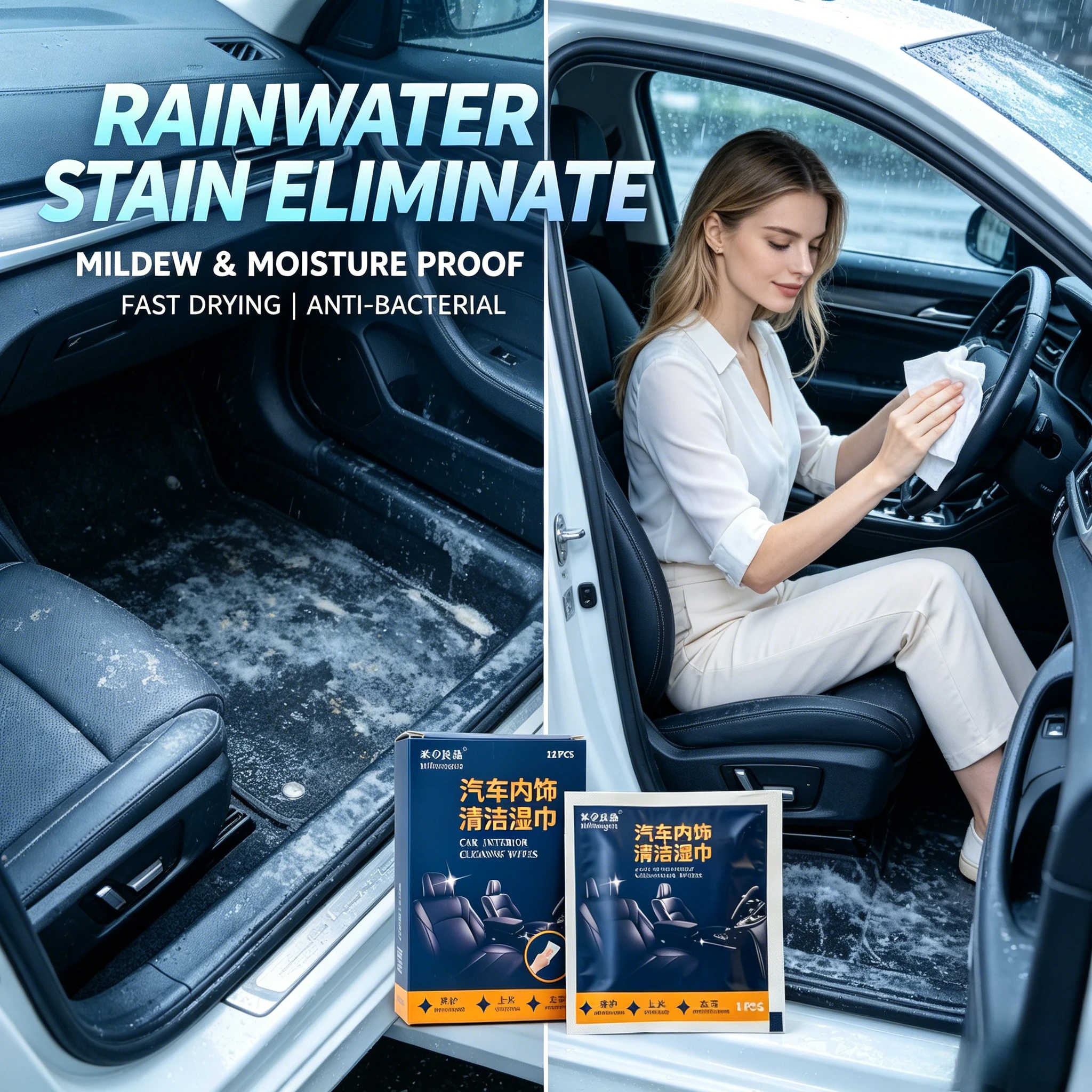 Car interior cleaning wipes/wet wipes, reusable non-woven fabric material, individually wrapped, convenient to carry.