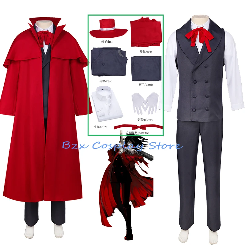 Alucard Anime Cosplay Fantasias para Homens e Mulheres, Uniforme Vermelho, Trincheira, Colete, Chapéu, Terno, Festa de Halloween, Roupa de RPG, Roupas