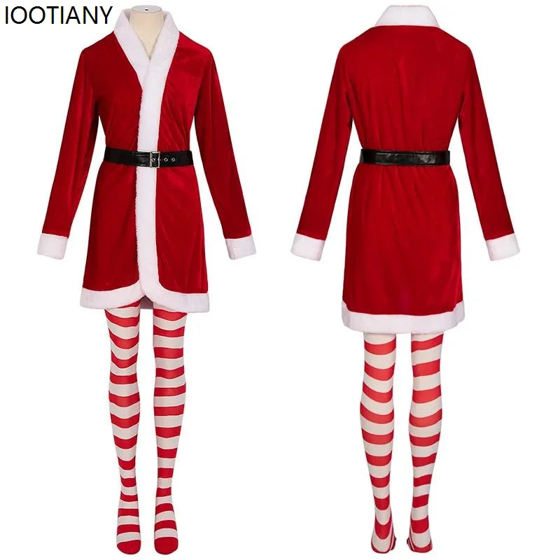 Herfst En Winter Kerst Kerstman Cosplay Kostuums Rood Roze Elf Fancy Fluwelen Jurk Vrouwen Sexy Xmas Party Maid Dress Up Nieuw