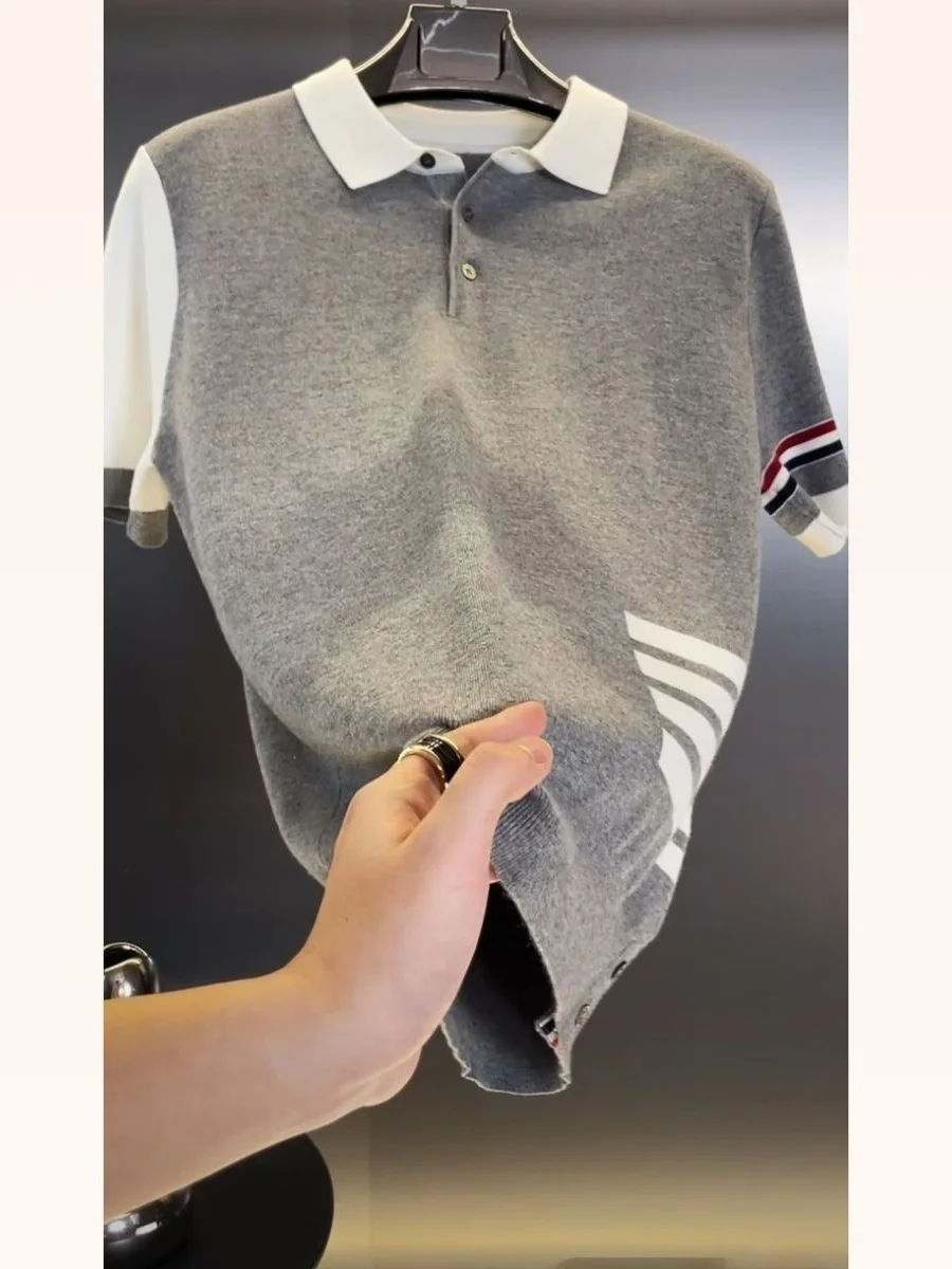 

Американский ретро-люксовый вязаный топ с коротким рукавом для мужчин, модный полосатый трикотаж с цветовыми блоками, трендовый свободный крой, летний вариант