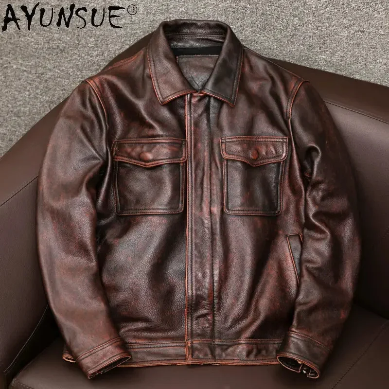 

Jacket AYUNSUE Autumn Genuine Cow Jackets for Men Vintage Cowhide Motorcycle Leather Coats Jaquetas