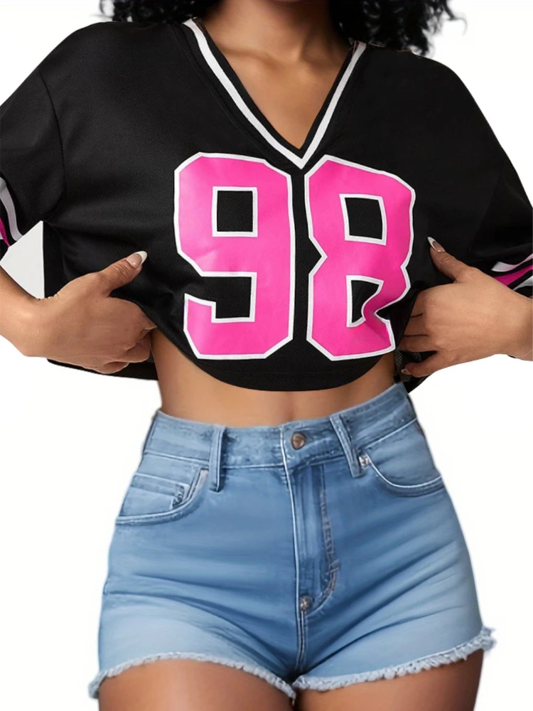 

New digital printed loose short drawstring V-neck T-shirt for summer 2025, Y2K sports and casual women's top