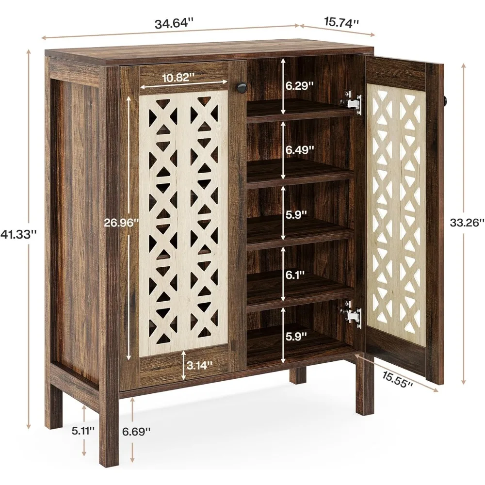 5-Tier Shoe Cabinet with Doors, 25 Pairs Farmhouse Organizer, All-Wood Freestanding with Adjustable Shelves, Shoe Cabinet