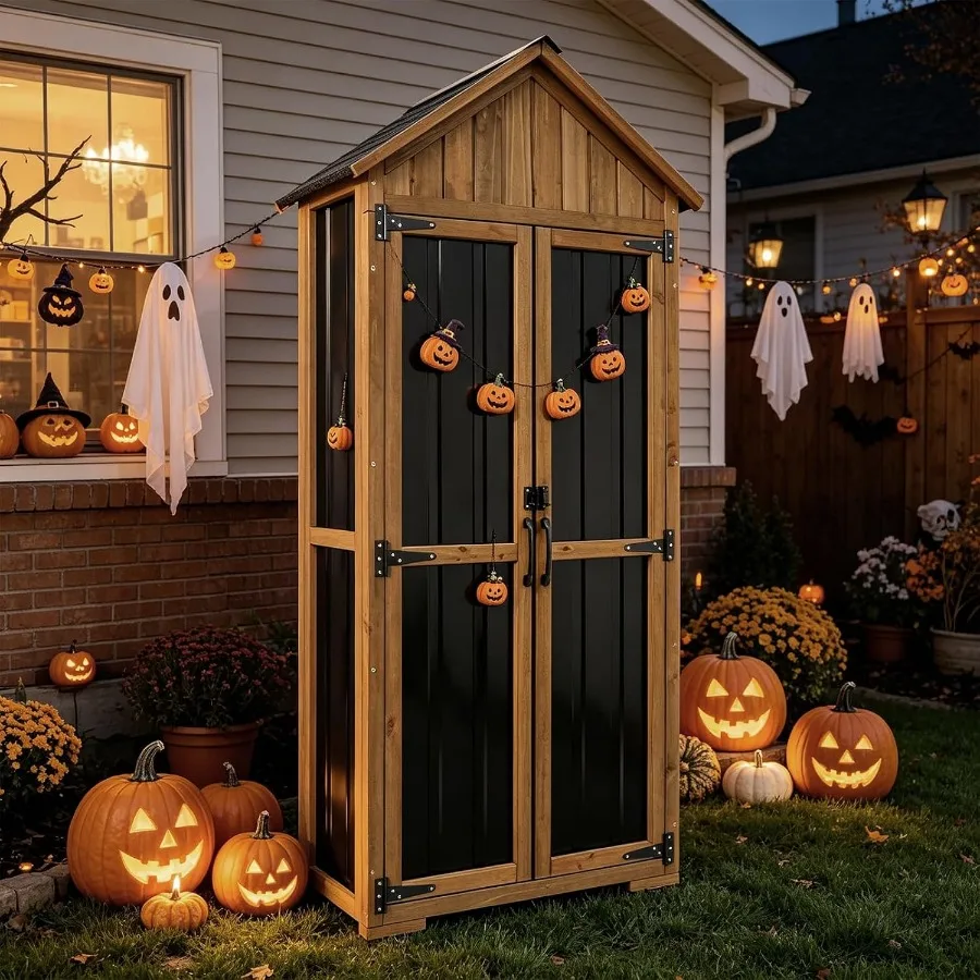 Outdoor storage cabinet for patio use, weather-resistant steel, matte black finish, 67-inch tall with 3 removable shelves