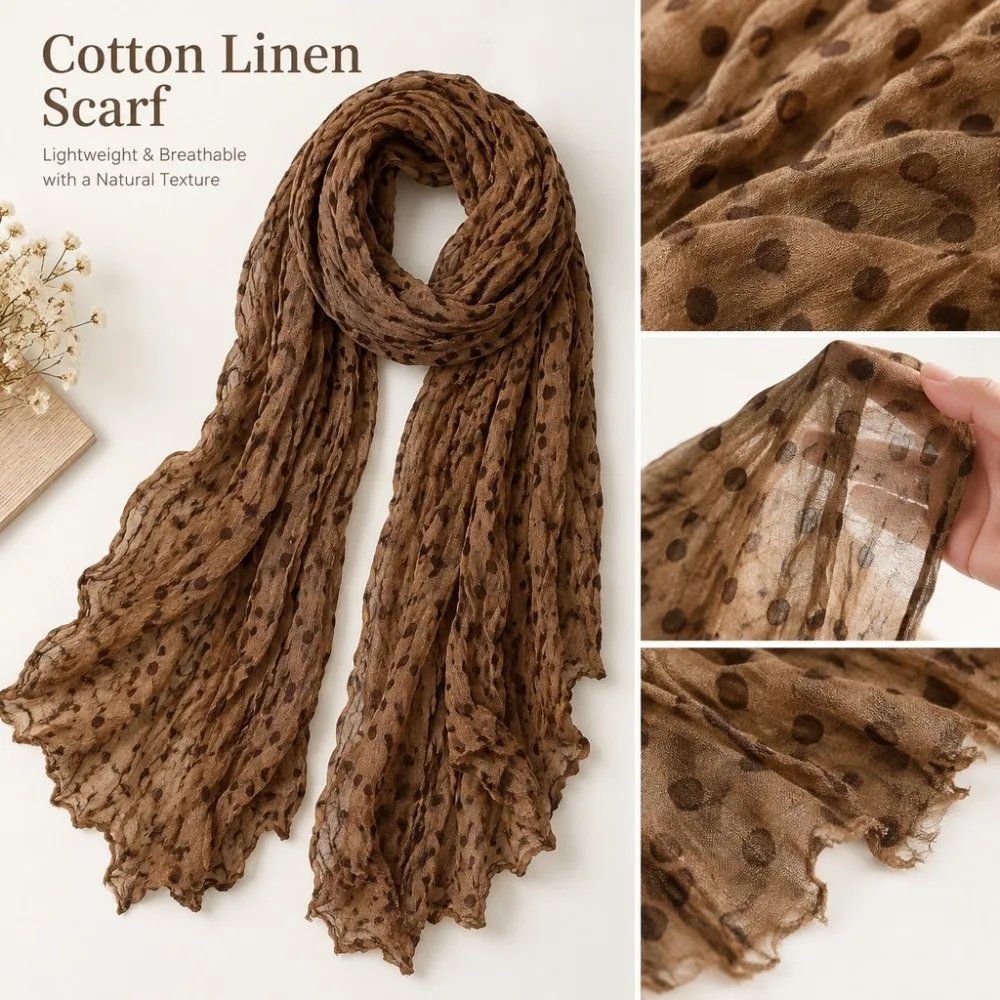 Korean-style Floral Print Cotton Linen Scarf Frill Trim Wrinkle Pleated Shawl Scarf Versatile Wear Female Headscarf Women