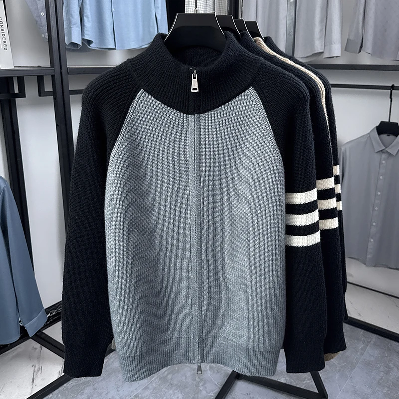 Hochwertige Herren-Strickjacke, Modemarke, gestreift, mit Reißverschluss, Stehkragen, Herbst/Winter, neuer, personalisierter, lässiger Pullover-Mantel – Detail 21