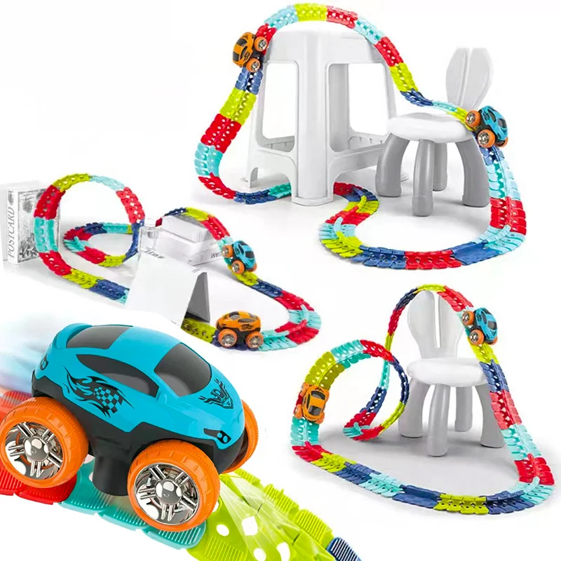 

Race Car Racing Track Set Changeable Track with LED Light-Up Flexible Railway Assembled Track Birthday Gift for Kids Boys Toy