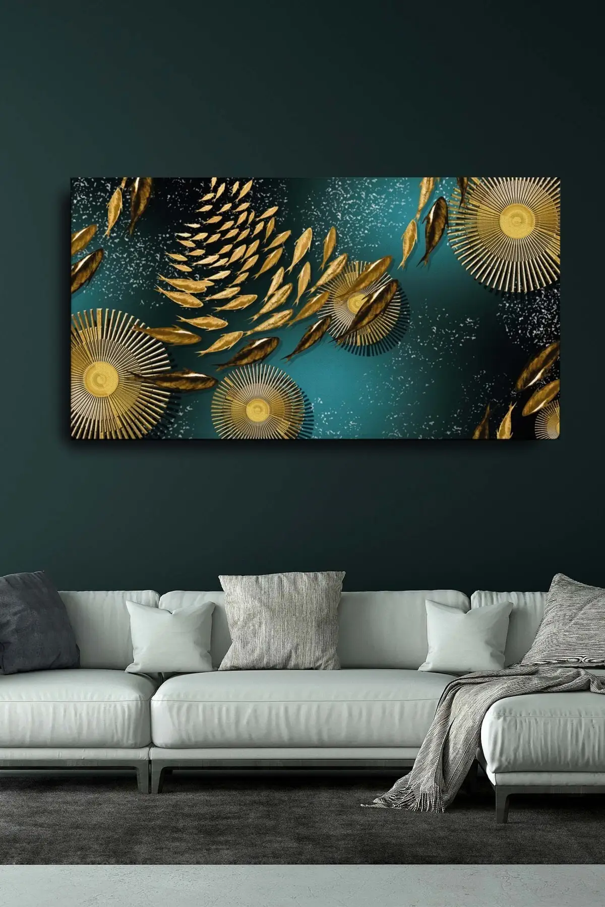 

Stylish Decorative Abstract Golden Fish Surreal Canvas Wall Painting (120x60 Cm) Large Size Painting Home Decoration