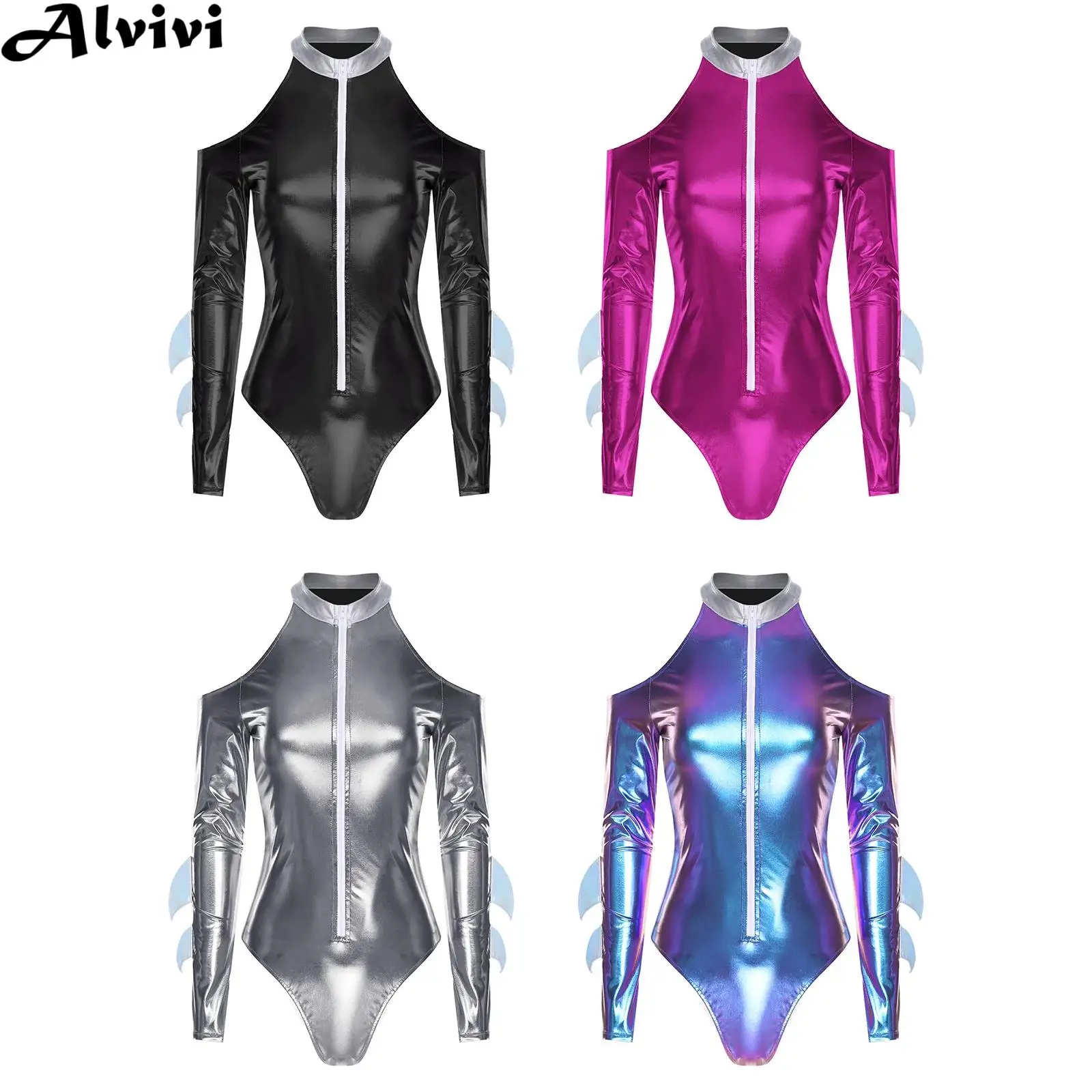 

Женское боди с открытыми плечами и длинными рукавами на молнии, металлическое блестящее боди на Хэллоуин, косплей костюм акулы, костюм Rave для ночного клуба, купальник для танцев на пилоне