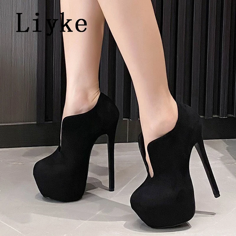 

Liyke Spring Autumn Sexy Slingback Slip On Women Platform Pumps Solid Black Round Toe Super High Heels Stripper Pole Dance Shoes