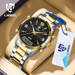 LIEBIG Fashion Casual Watch Men Digital Dual Time Week Gold Back Light Sport 3bar Waterproof Quartz Wristwatches Clock relogio