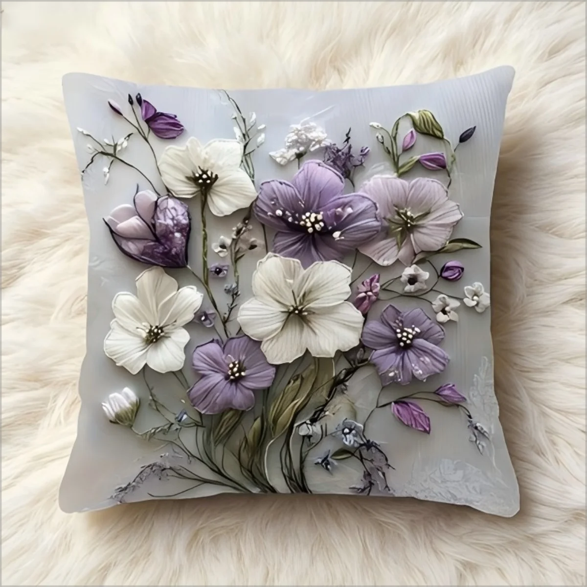 2D Lila-Weiße Blumen Kissenbezug 2D Bedruckter Blumenmuster Weicher Dekokissenbezug für Frühling Heim Sofa Schlafzimmer Deko Geschenk