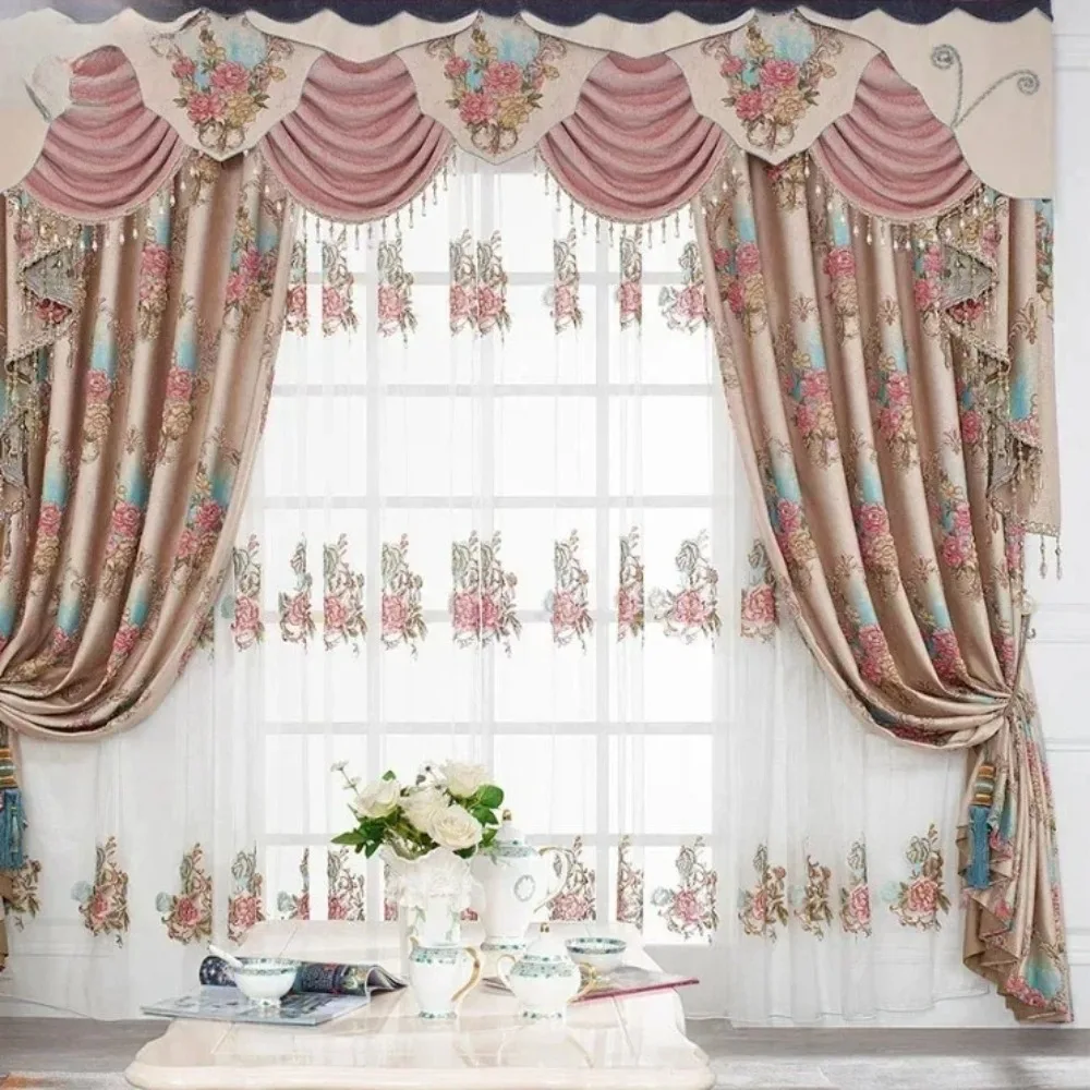 

Европейские роскошные розовые шторы с вышивкой для гостиной, спальни, столовой, толстые тисненые жаккардовые шторы, тюль на заказ