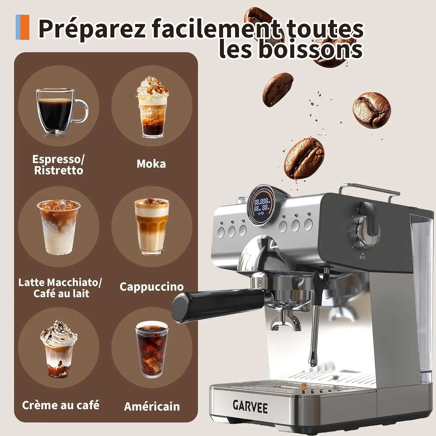 Kompakte Kaffeemaschine für Zuhause und Café – Edelstahl-Design – 20 Bar Druck – Thermoblock-Heizsystem – 1,5-Liter-Wassertank – Milchaufschäumer & Entkalkungsanzeige – Für Kaffee, Cappuccino