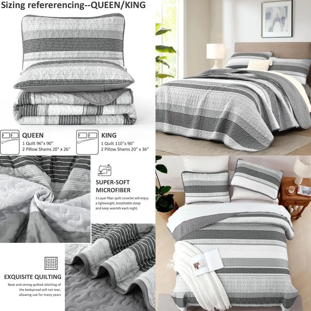 

Комплект постельного белья Queen Size, серый, 3 предмета, летний, в полоску, пэчворк, легкий, с покрывалом и 2 наволочками