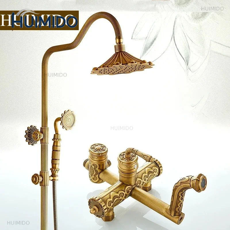 Bath Shower Set Antique Brass Shower System Bathroom Faucet Set Rainfall With Spray Head Europe Bronze Tap