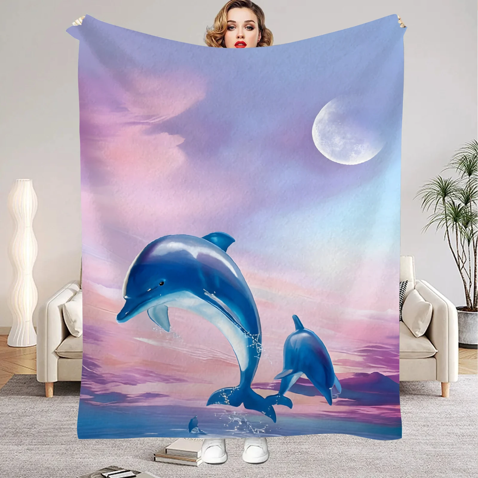 1 Stück rosa Decke, verträumter Stil, Delphin, 3D-Druck, bequeme Flanelldecke für Zuhause, Wohnzimmer, Schlafzimmer, Dekoration, Geburtstagsgeschenk