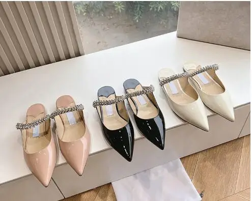 Carpaton Bling Bling Crystal Embellished Women Slippers Nude Black Patent Leather Mules Sexy Pointed Toe Flat Shoes Slides