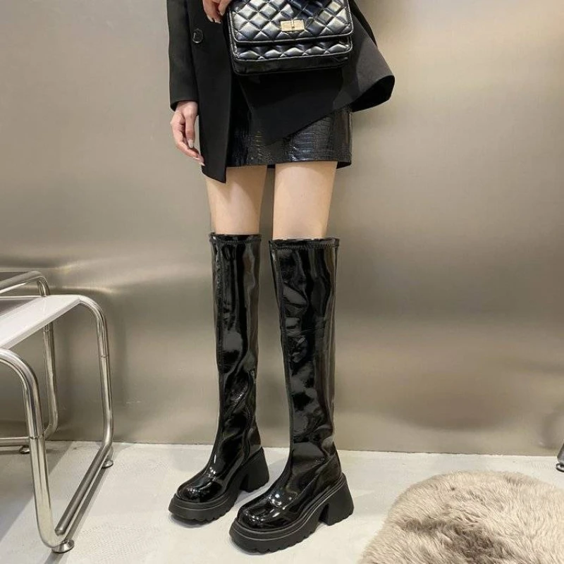 Plus Size Women 35-42 Chunky Heel British Rider Over The Knee Boots Glossy Platform Spring Autumn Versatile Cosplay Trendy