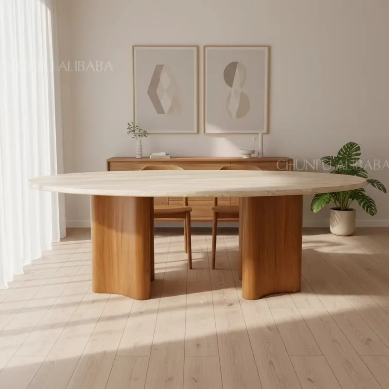 Modern Minimalist Style Dining Table Solid Wood Base Cave Oval Travertine Home Furniture Entry OEM ODM Available