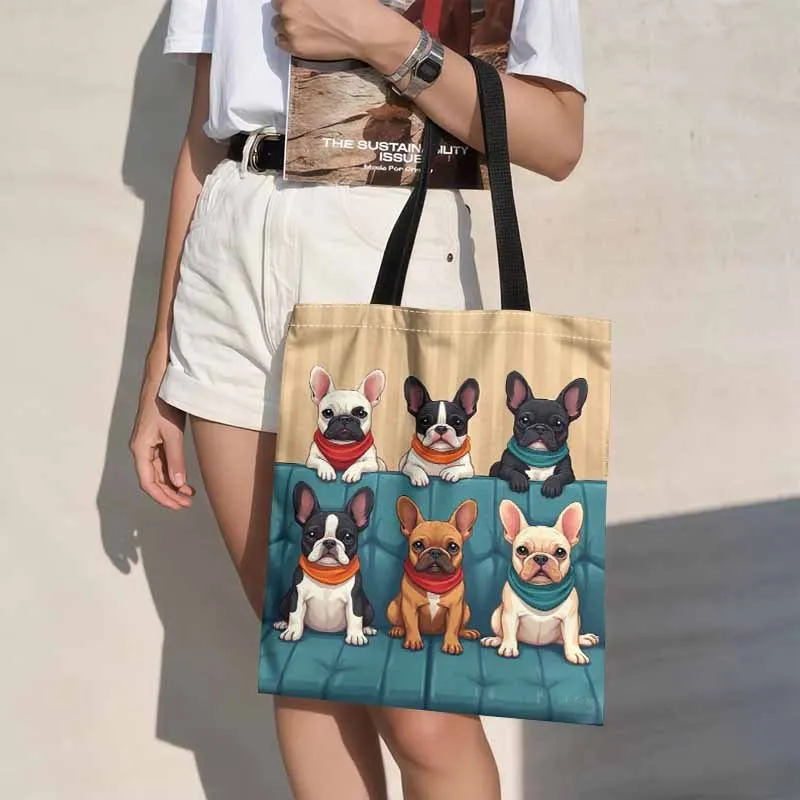 1pc French Bulldog Tote Bag Suitable for School Commuting & Travel Large Reusable Bookbag with French Bulldog Print Pouch