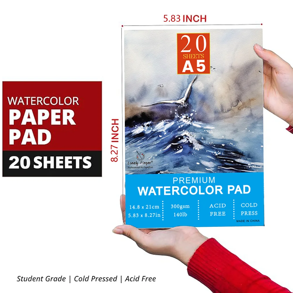 Watercolor Paper Pad A5 x 20 Sheets – Natural White 300 GSM Student Grade, Cold-Pressed for Wet, Dry & Mixed Media