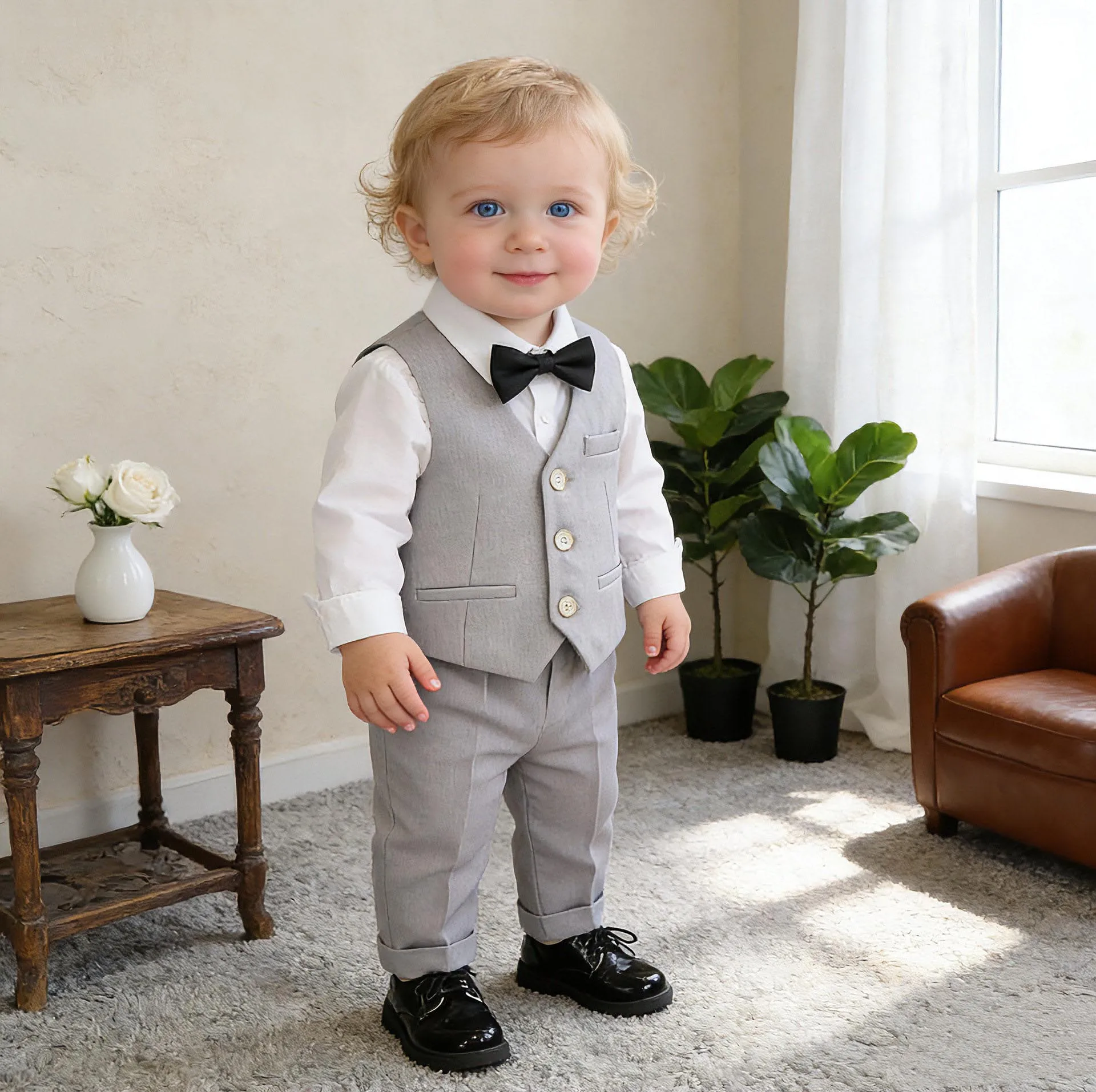 Little Boys Summer Vest Shirt Pants Bowtie Birthday Photography Suit Baby Kids Wedding Dress Children Host Performance Costume