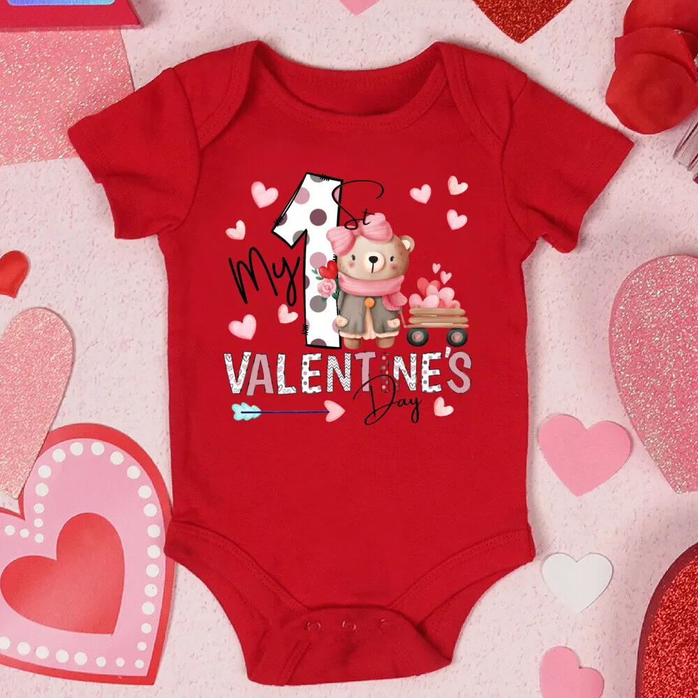 My First Valentine\'s Day Printed Baby Romper Newborn Red Cotton Bodysuit Valentine Party Infant Outfit Toddler Holiday Jumpsuit